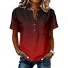 Women’s Fashion Gradient Print Henley Button Neck Short Sleeve Cotton Linen Shirt with Chest Pocket for Casual Wear