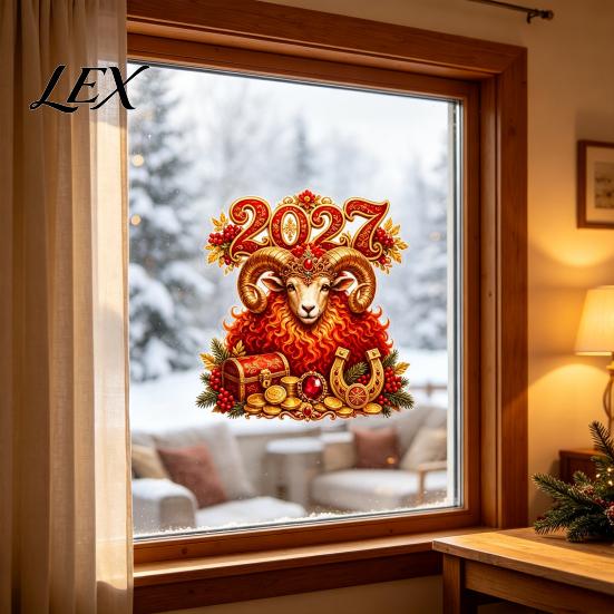 Chinese New Year Glass Stickers 2027 Window Cling, Red And Gold Zodiac Sheep Static Decals Lunar Clings for Doors, Non-adhesive Reusable Sticker Home