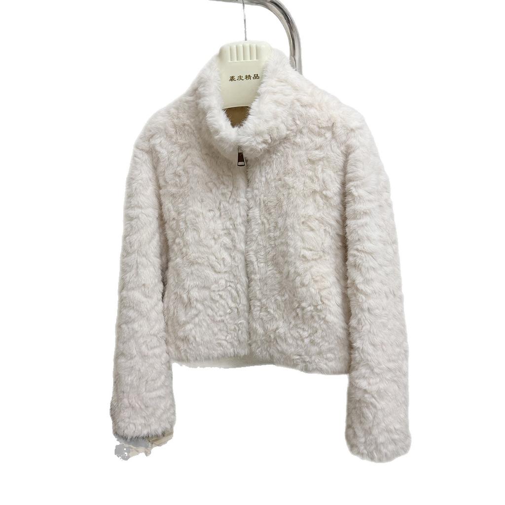 Off-white High-end Stand-up Collar Environmentally Friendly Fur Jacket for Women's Autumn and Winter New Temperament Plush Short Top