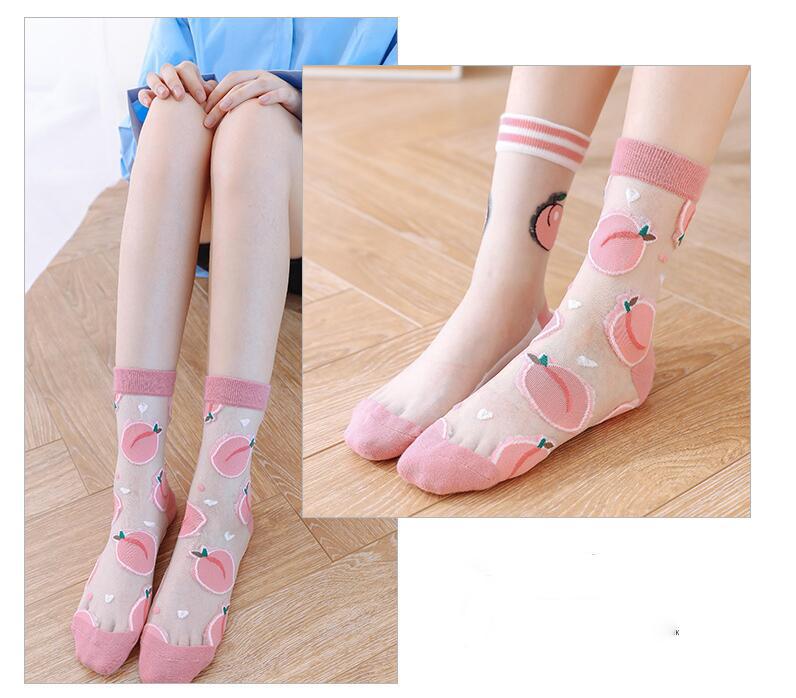1Pair Japanese Korea Style Socks Women's Casual Creative Transparent Silk Trend Fruit Print Ultrathin Glass Silk Socks