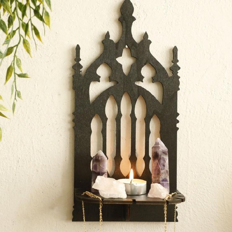 Black Gothic Throne Shape Wall Shelf Solid Wood Hollowout Wall Mounted Display Rack With Multipurpose Use Home Decors