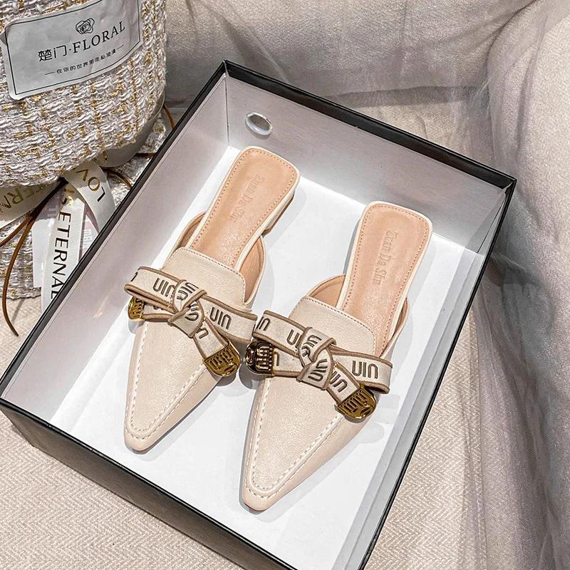 Women Shoes Fashion Leather Slipper Girl Pointed Toe Casual Sandals Street Beautiful Heels Slides