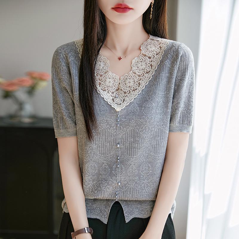 

Летний новый кружевной жаккардовый пуловер французский трикотажный свитер с V-образным вырезом с коротким рукавом женский XL серый