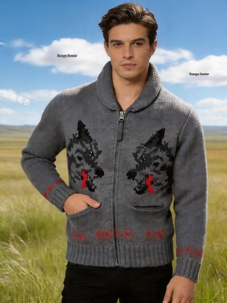 Retro Wolf Head Jacquard Zipper Cardigan: Thick Knit Unisex Sweater (2026)