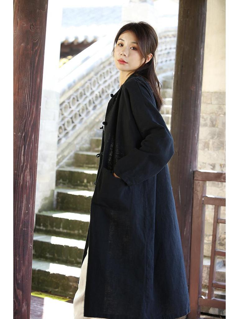 Cardigan de damă din amestec de bumbac și in de lungime medie - Retro spălat cu nisip