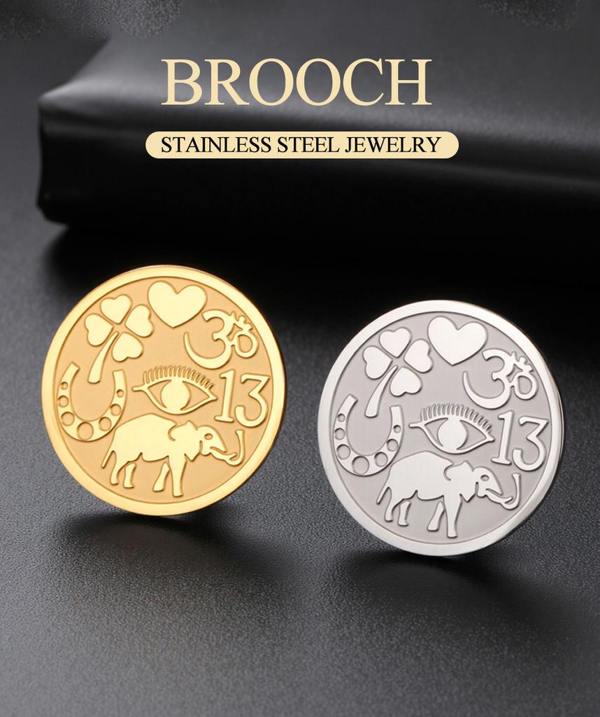 Dawapara Good Luck Symbols Brooch Elephant Clover Hoeseshoes Evil Eye Religious Spiritual Amulet Stainless Steel Lapel Pins