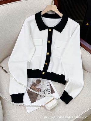 2026 Spring/Autumn French-Style Knit Cardigan, Color Block Sweater with Metal Buckle