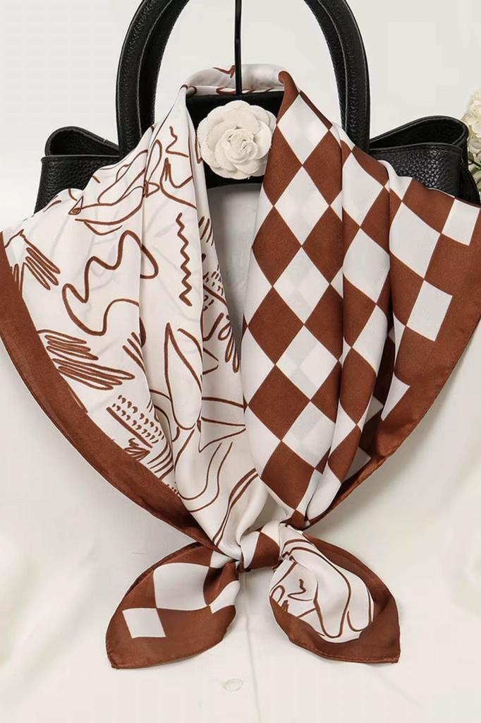 Brown and Cream Scarf 70X70 - Illustrations and Checkerboard