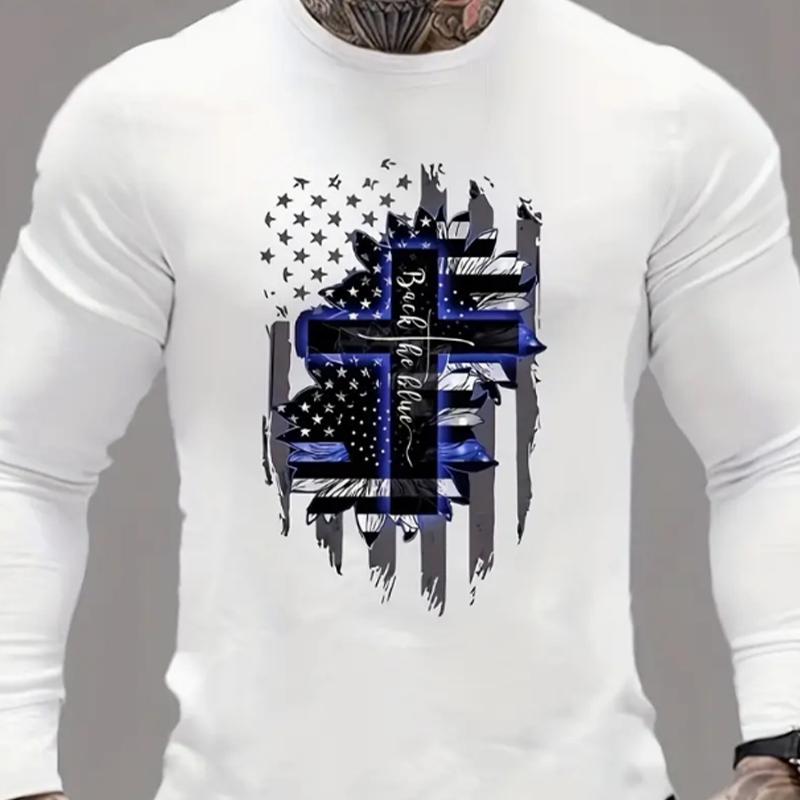 Creative Cross Print Men's Tshirts Long Sleeve Tees Round Neck Casual Pullover Men's Clothing Plus Size