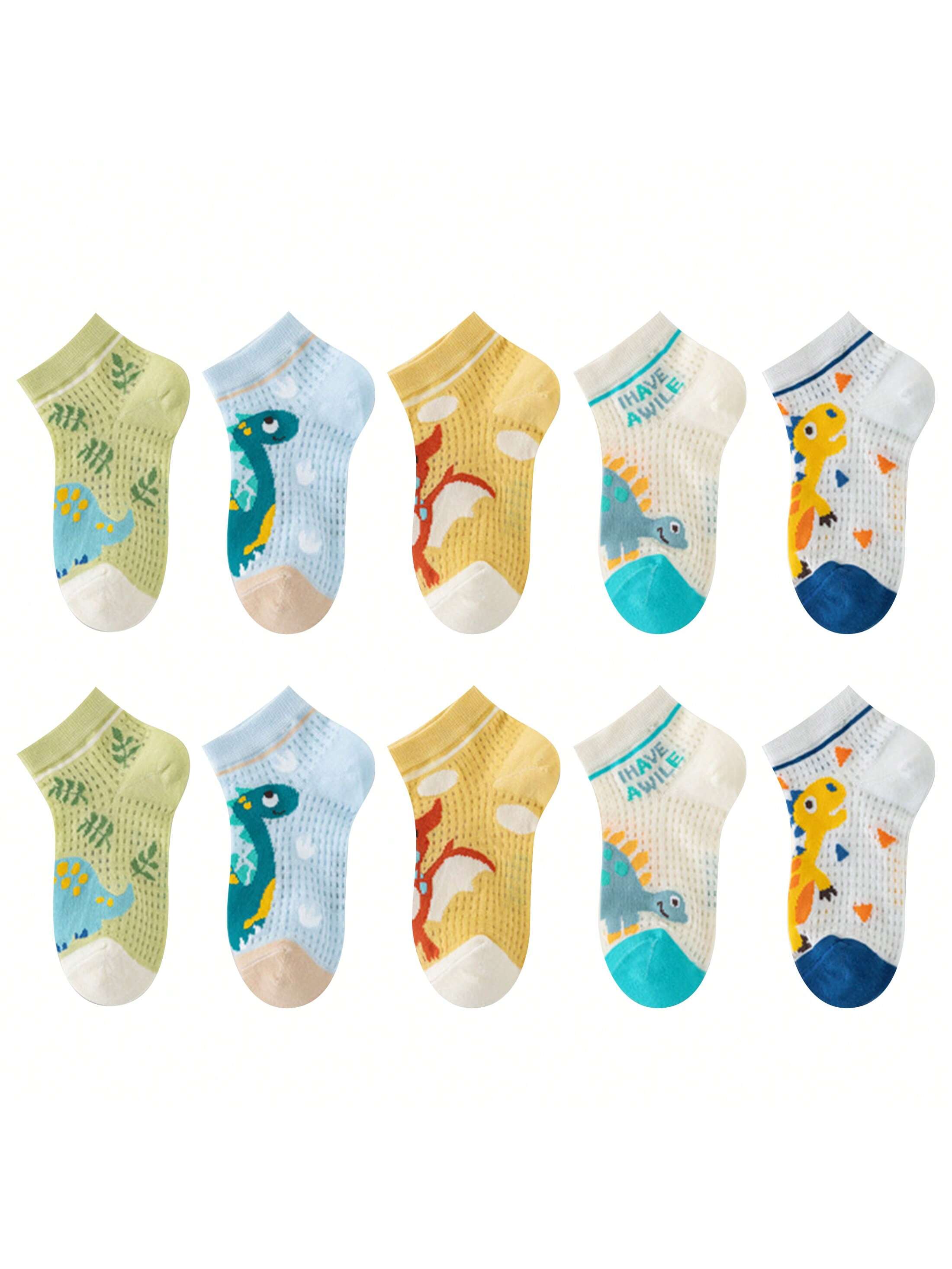 5 Pairs Boys Cartoon Dinosaur Mesh Socks Thin Mid Tube Breathable Comfortable Four Season Kids Socks For Summer Spring 1-3Y