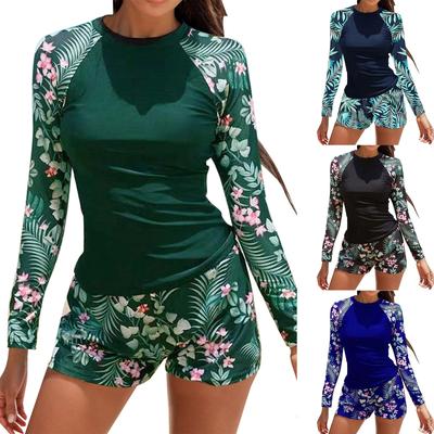 Women'S New Printed Long Sleeve Swimsuit Conservative Boxer Swimsuit Thin Split Swimsuit Quick Dry Breathable Split Surfing Suit
