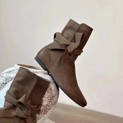 Damen Lederstiefel Handgefertigt Hohe Qualität Flats Armeegrün Kurze Stiefel mit Riemen Schleife Schuhe Herbst Winter