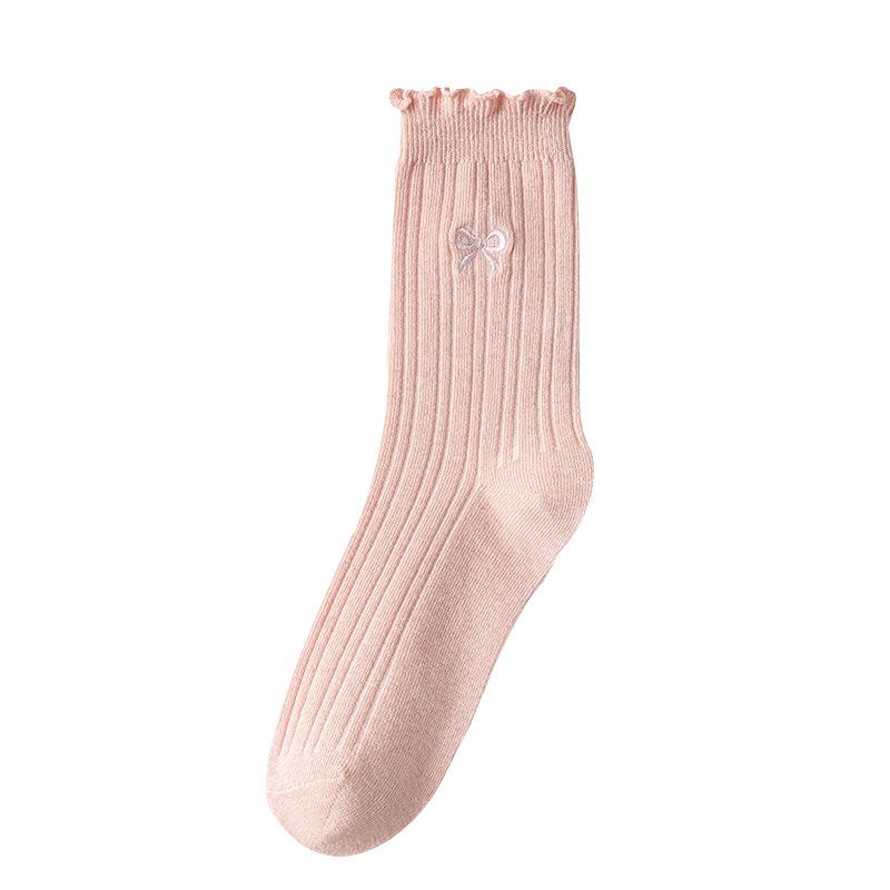 "Women's Anti-Pilling Embroidered Bow Mid-Tube Lace Cotton Socks - Autumn Breathable Style"
