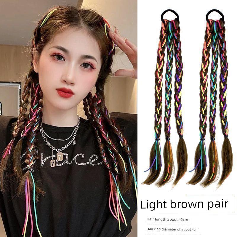 

Kids Wig Braid Hair Ring Sweet Cool Boxing Braid Colorful Ropes Girl High Ponytail Twist Braid Rubber Band Headband Hair Accessories Pair of light brown colored rope boxing braids