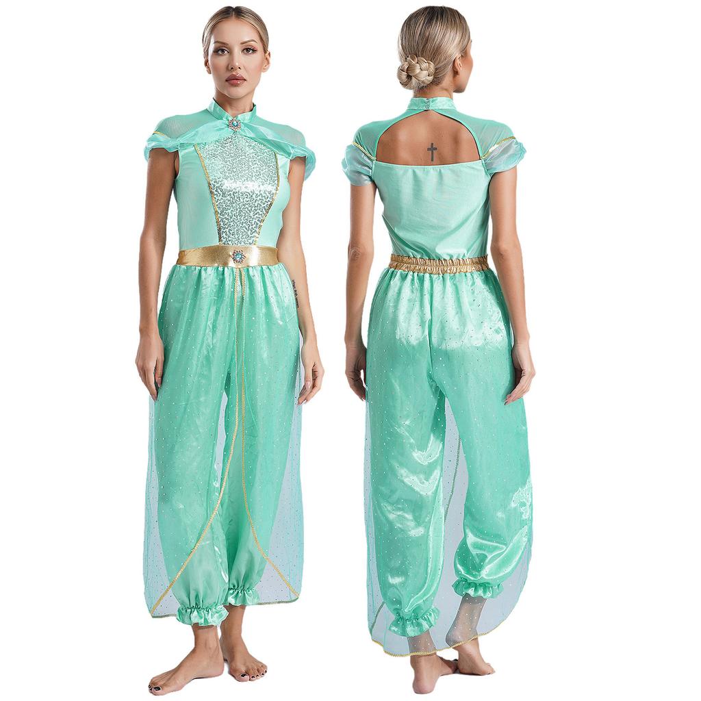 S-4XL Arabische Prinses Jumpsuit voor Dames Halloween Kostuum, Romper met Edelstenen & Pailletten Overlay voor Buikdans & Themafeest