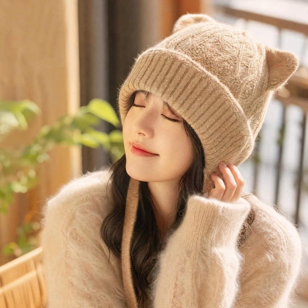 Windproof Cat Ear Knit Hat 3D Cat Ear Head Cover Durable Soft Beanie Outdoor