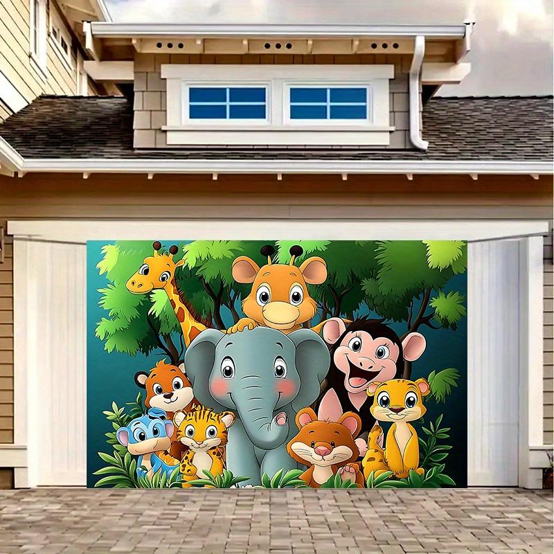 1 Wildlife Party - Bright Jungle Background Fabric with Cartoon Giraffe Monkey Elephant and Tiger Birthday Party Decorations
