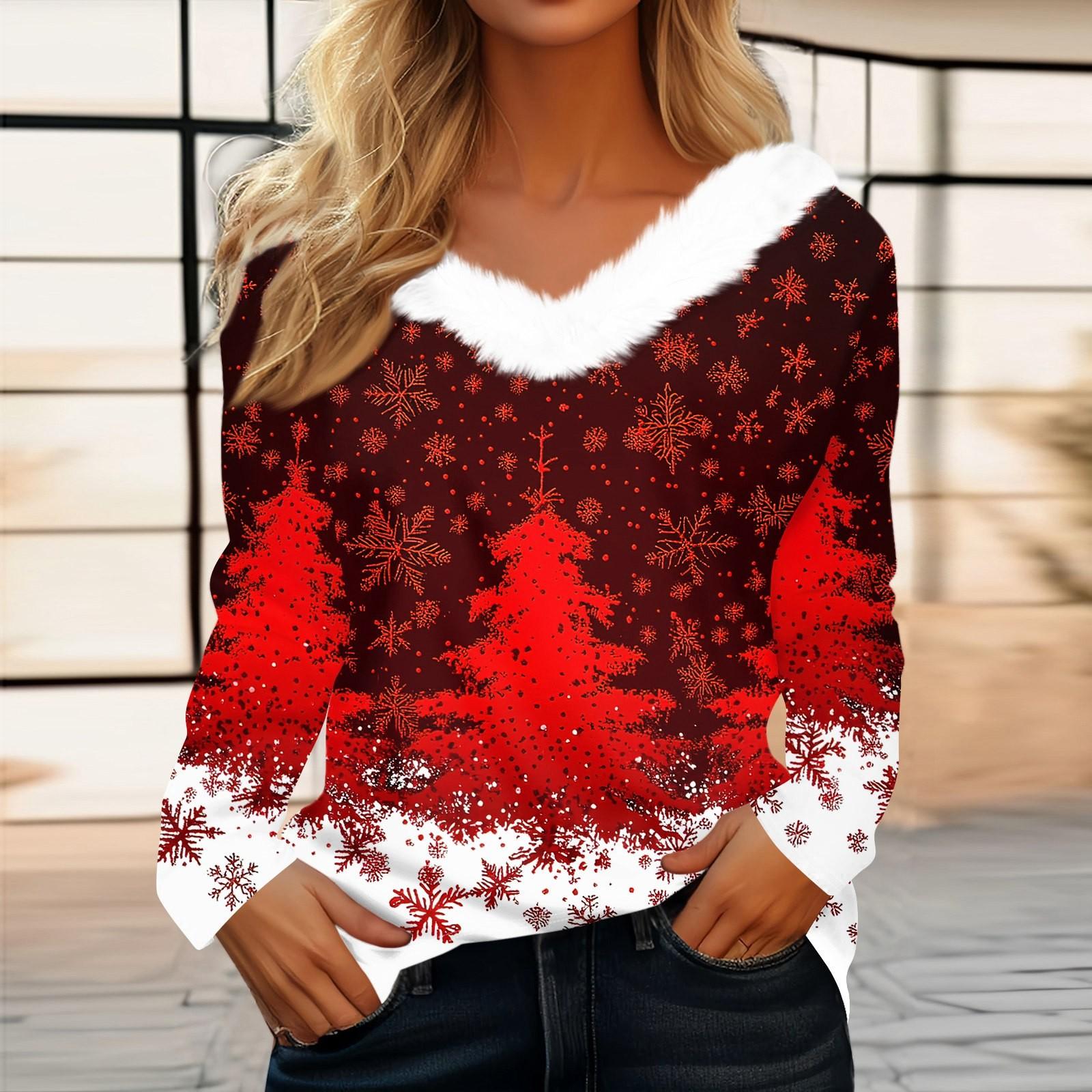 

Женская футболка с рождественским принтом, вечерние рубашки с длинным рукавом, рождественский флисовый воротник, топ с v-образным вырезом XXL винный
