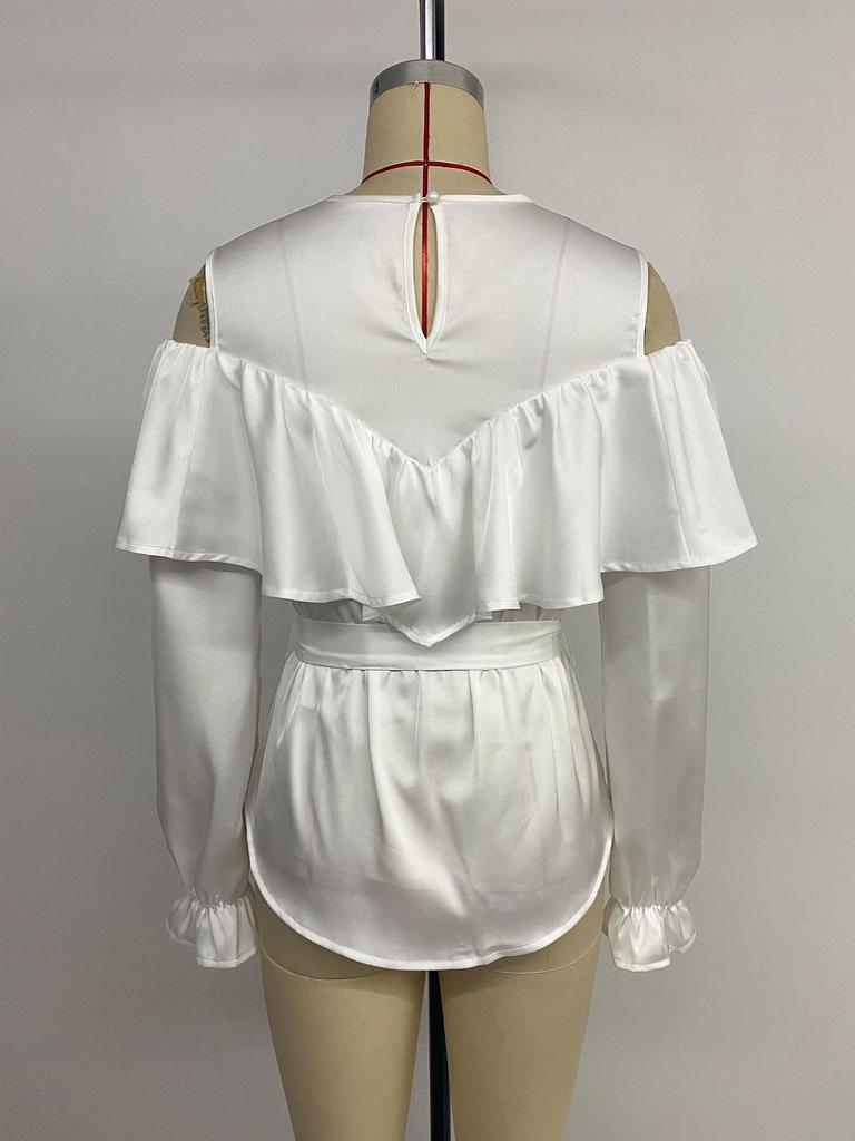 Elegant Off-the-Shoulder Ruffled Satin Blouse with Long Sleeves (Spring/Autumn 2025 Collection)