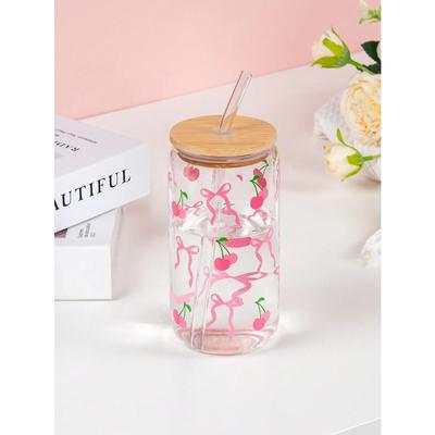 500ml Niedliche Schleife Glasbecher Liebe Kirsche Graffiti Muster Wasserflasche Kaffeetassen mit Deckel Strohhalm Bürste Valentinstag Party Geschenk