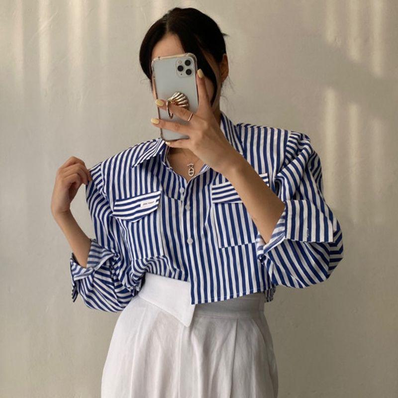 

2023 Корейская Ранняя Осень Цветной Блок Полосатая Повседневная Рубашка с Длинным Рукавом M синий