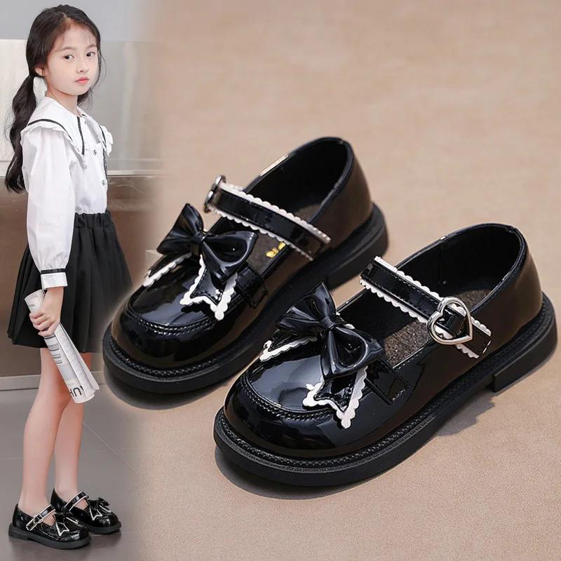 Children Clothing Yulin-001 Girls Black Princess Leather Shoes Spring Autumn Children's Flats Fashion Sweet Kids Bowknot Mary Jane Shoes Glossy Thick Bottom Cm