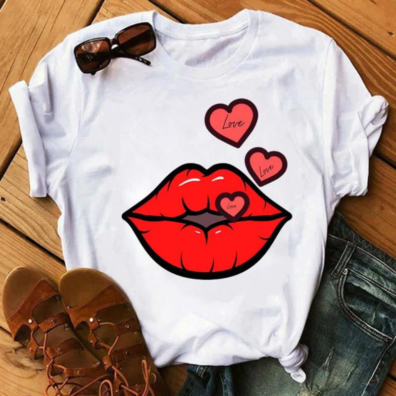 LOVE Red Lips Pink Heart Print T Shirt Women Romantic Slogan Graphic Short Sleeve Valentine Casual Summer Tee