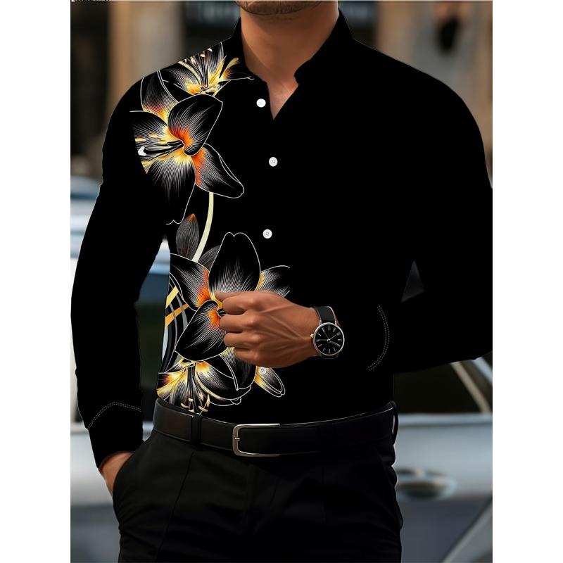 Men's Fashion Red Rose Print Long-Sleeve Shirt, Stylish Casual Design, Spring/Autumn Casual Shirt, Sizes XS-6XL