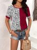 Women's Summer Leopard Print Patchwork T Shirt Round Neck Short Sleeved Top for Women