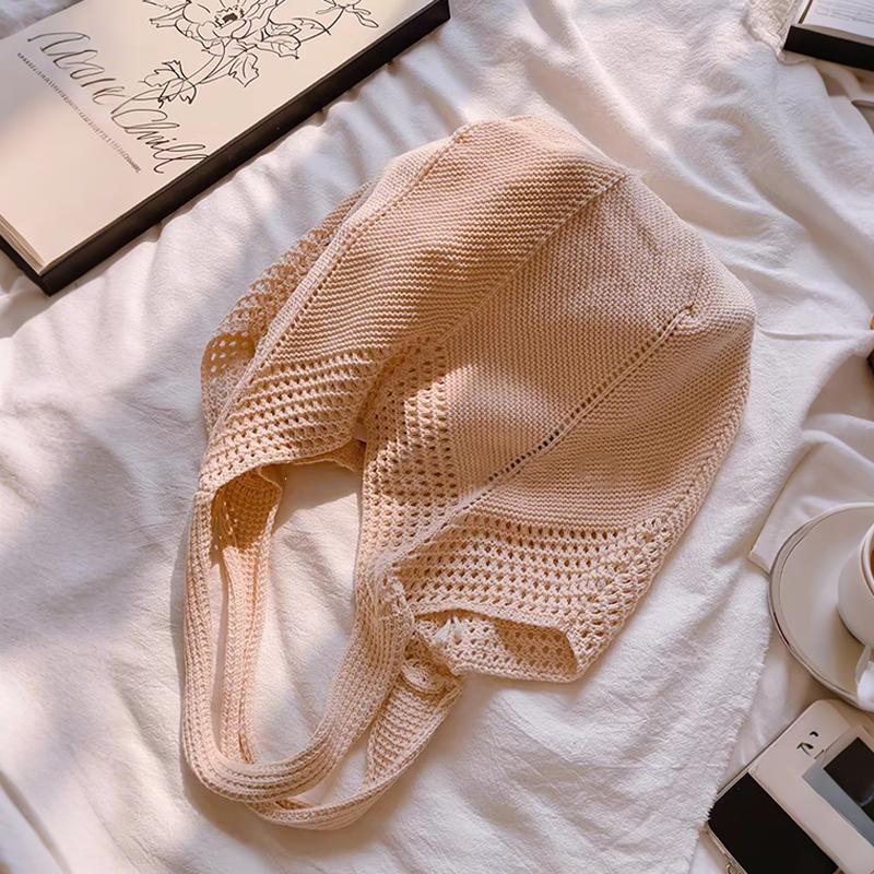 Yogodlns Casual Hollow Women Shoulder Bag Solid Color Large Capacity Summer Woven Beach Bag Foldable Handmade Crochet Tote Bag