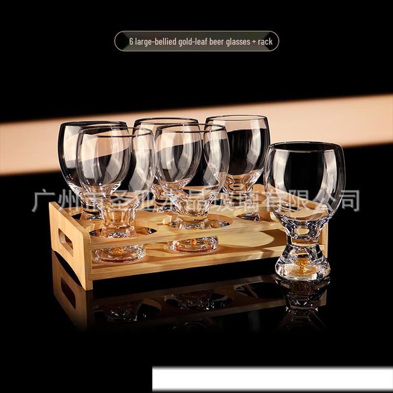 ZISIZ 350ml Gold Foil Crystal Glass Beer Mug Set (6-Pack with Holder)