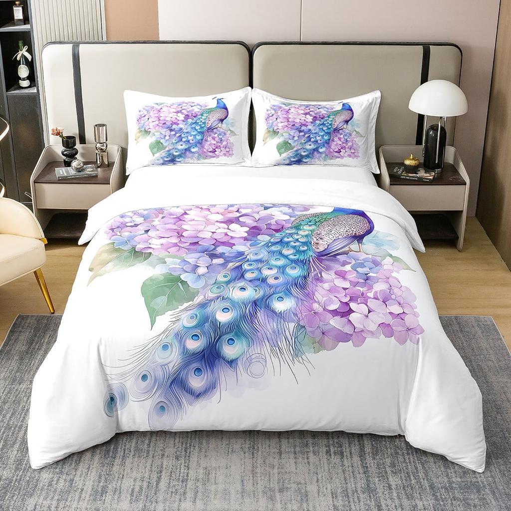 Peacock Soft Duvet Cover Set Quen Sized Dimensions Lovely Animal Theme Beding Set Print for Children's Adult Peoples plus Tens, Soft Warm plus