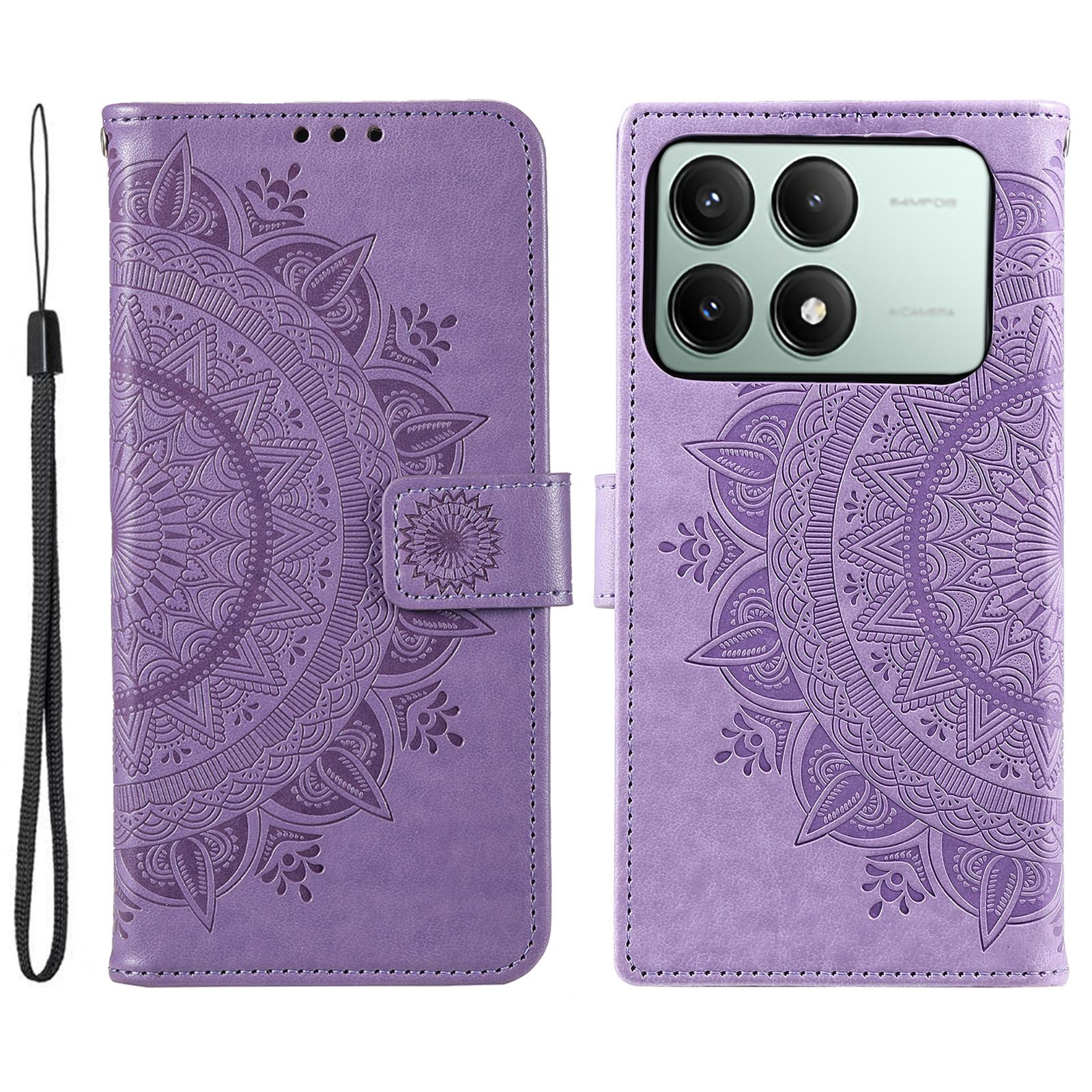 

For Xiaomi Redmi K70E 5G/Poco X6 Pro 5G Case PU Leather+TPU Mandala Flower Imprinted Cover with Wrist Strap Purple
