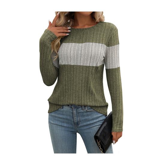 Women Tops Round Neck Long Sleeve Color Block Ribbed Knitting Tops Loose Fit Casual Sweater Tops Daily Wear