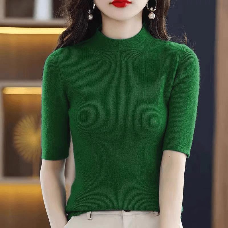Women's Angola Red Slim Fit Knitted Pullover Sweater with Half-High Neck & Five-Sleeves for Spring & Autumn 2025.