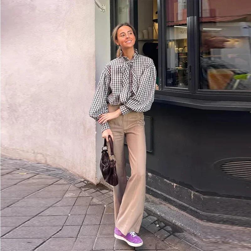 

Клетчатые рубашки с бантом и воротником, женские однобортные блузки с длинным рукавом и оборками, весенняя мода, универсальные свободные женские топы S