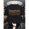 European Sizes Men'S Casual "BURN" Graphic T-Shirt - Black & Orange Flame Design, Polyester Blend, Short Sleeve