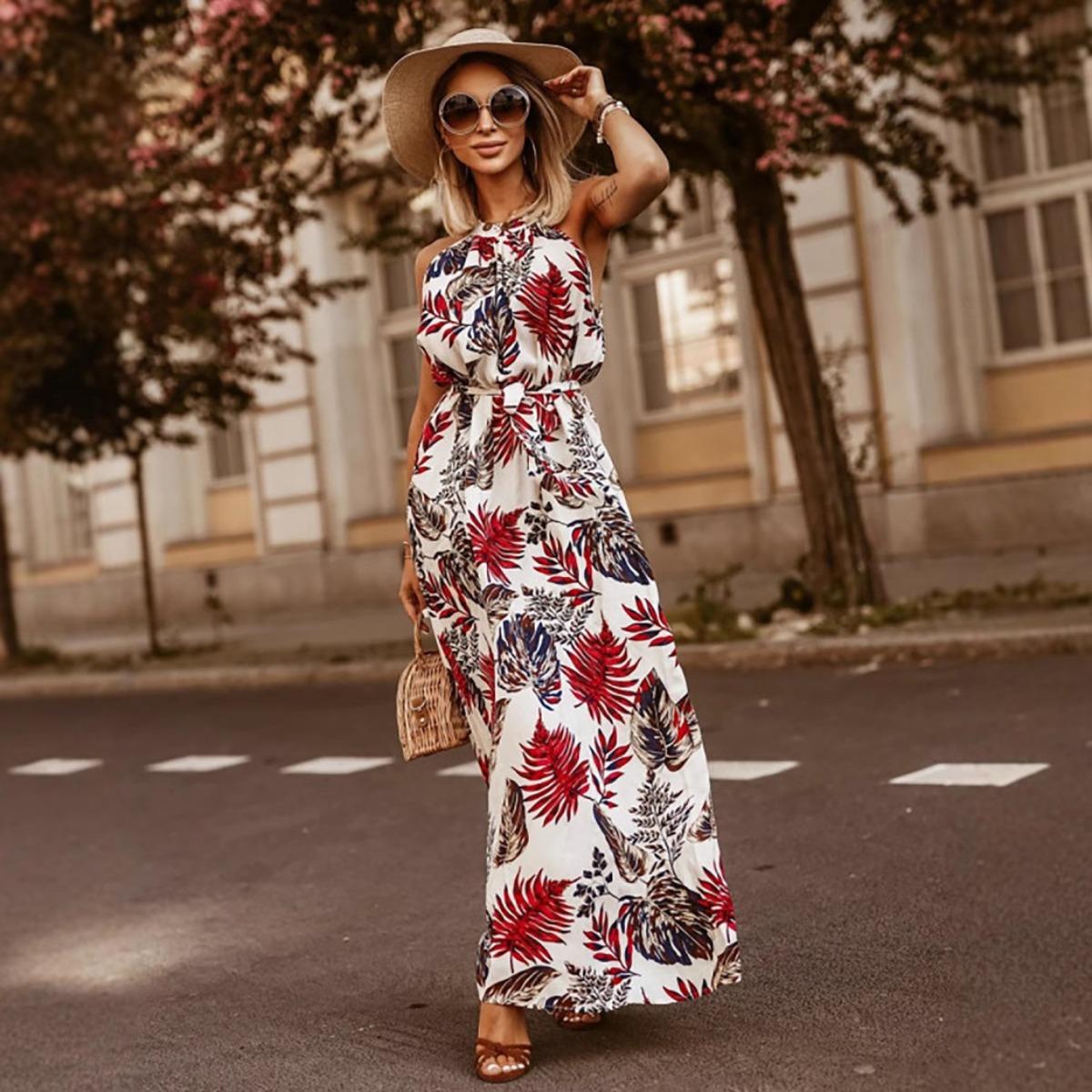 Women s Fashion Floral Print Halter Neck Beach Vacation Dress, European American Style Cross-border Women s Clothing S