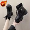 Fashion Ankle Boots for Women Leather Biker With Laces Woman Short Shoes Black Fur Fashion 2025 Boot Large Size Warm Booties Trend Goth
