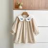 Girls Corduroy Dress with Long Sleeve and Embroidered Collar for Spring and Casual Wear