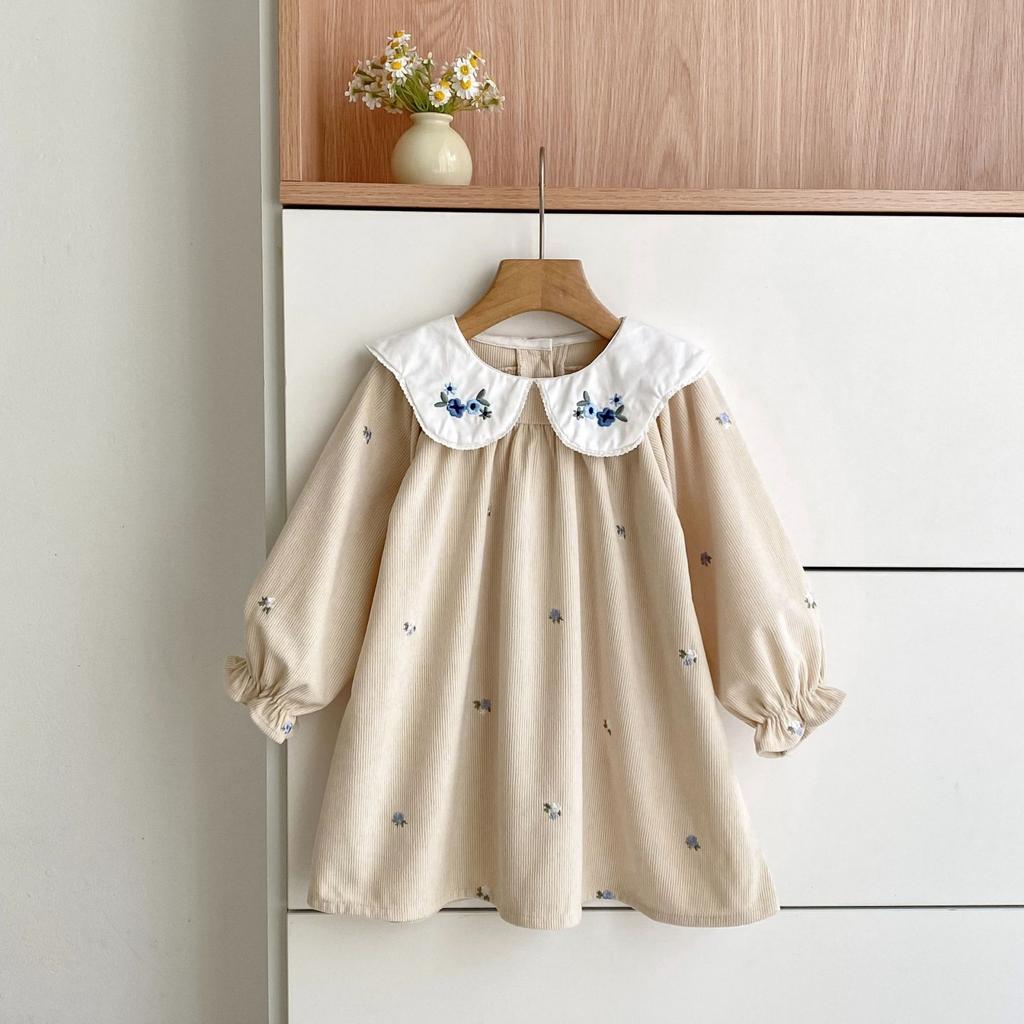 Girls Corduroy Dress with Long Sleeve and Embroidered Collar for Spring and Casual Wear