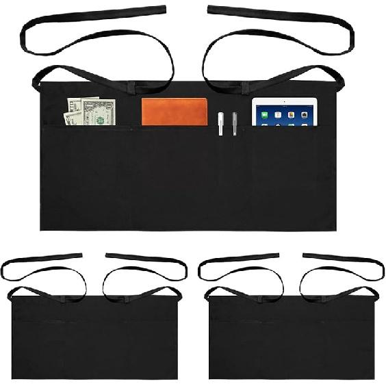 Server Aprons with 3 Pockets Waitress Waiter Waist Black Apron for Women Men Chef Kitchen Serving Cooking Baking, 1Pack, 12.6 Inch