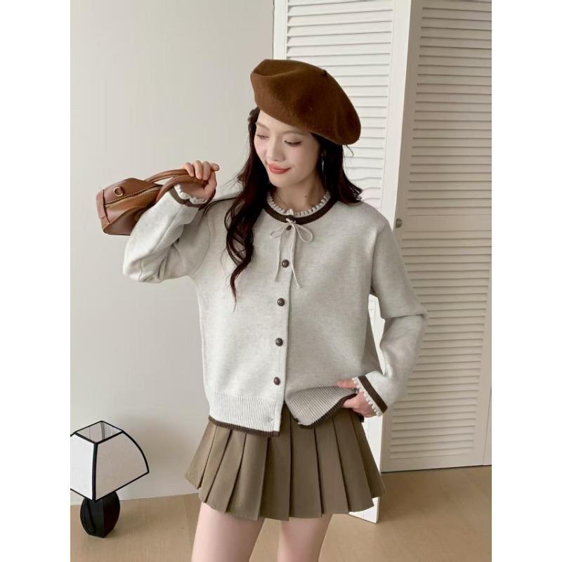 Autumn and Winter New Lace Neckline Lace-up Sweater Jacket Women's Knitted Cardigan Soft Waxy Short Top