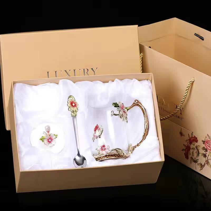 Heat-Resistant Enamel Flower Tea Cup, Creative Painted Crystal Glass Coffee Cup with Handle