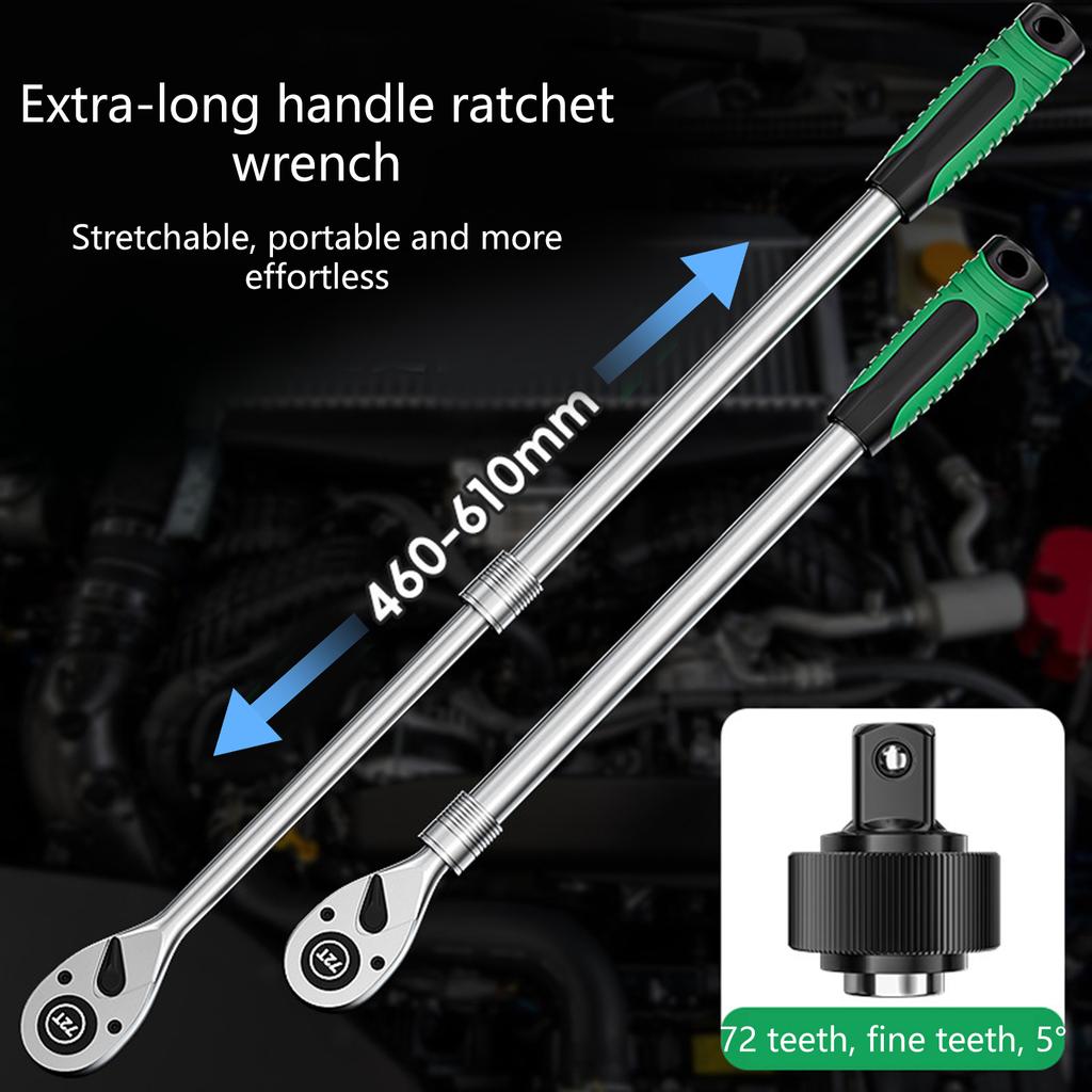 Long Handle Ratchet Wrench 72 Teeth Mechanism Construction 8 Stage Length Adjustment Nonslip Rubber Handle For Mechanics