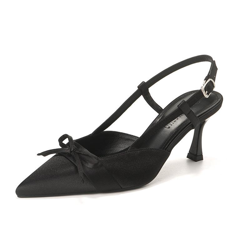 Fashion Women Heeled Sandals 2025 Summer New Pointed Toe Bow Fashion Buckle Pumps Shallow Party Sandalias De Mujer Luxury High Quality