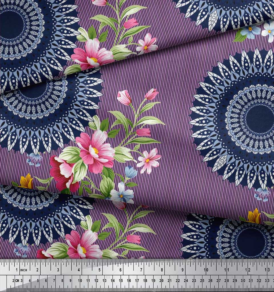 Soimoi Japan Crepe Satin Fabric Stripe,Floral & Mandala Printed Craft Fabric by the Metre 42 Inch