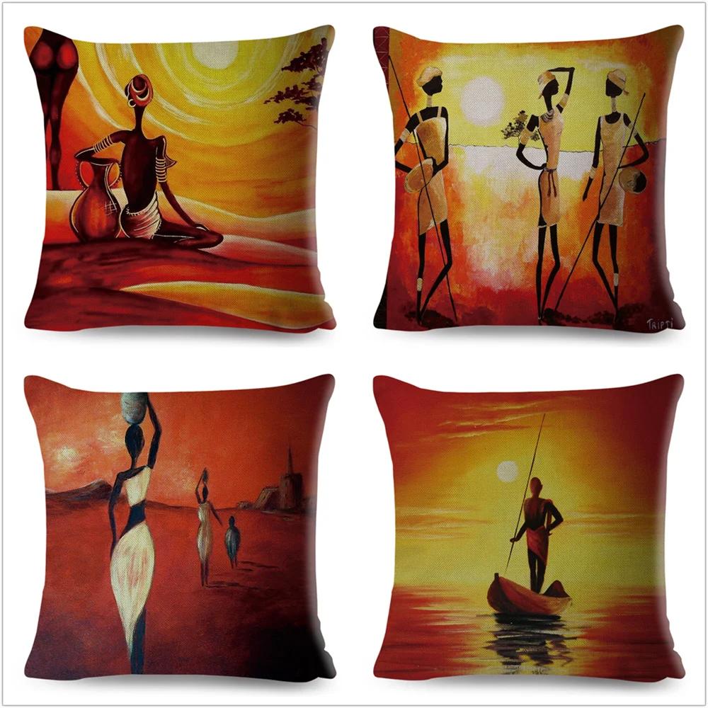 Abstract Painting Cotton Linen Decorative Cushion Cover Africa Life African Woman Home Decor Pillow Case Exotic Pillowcase