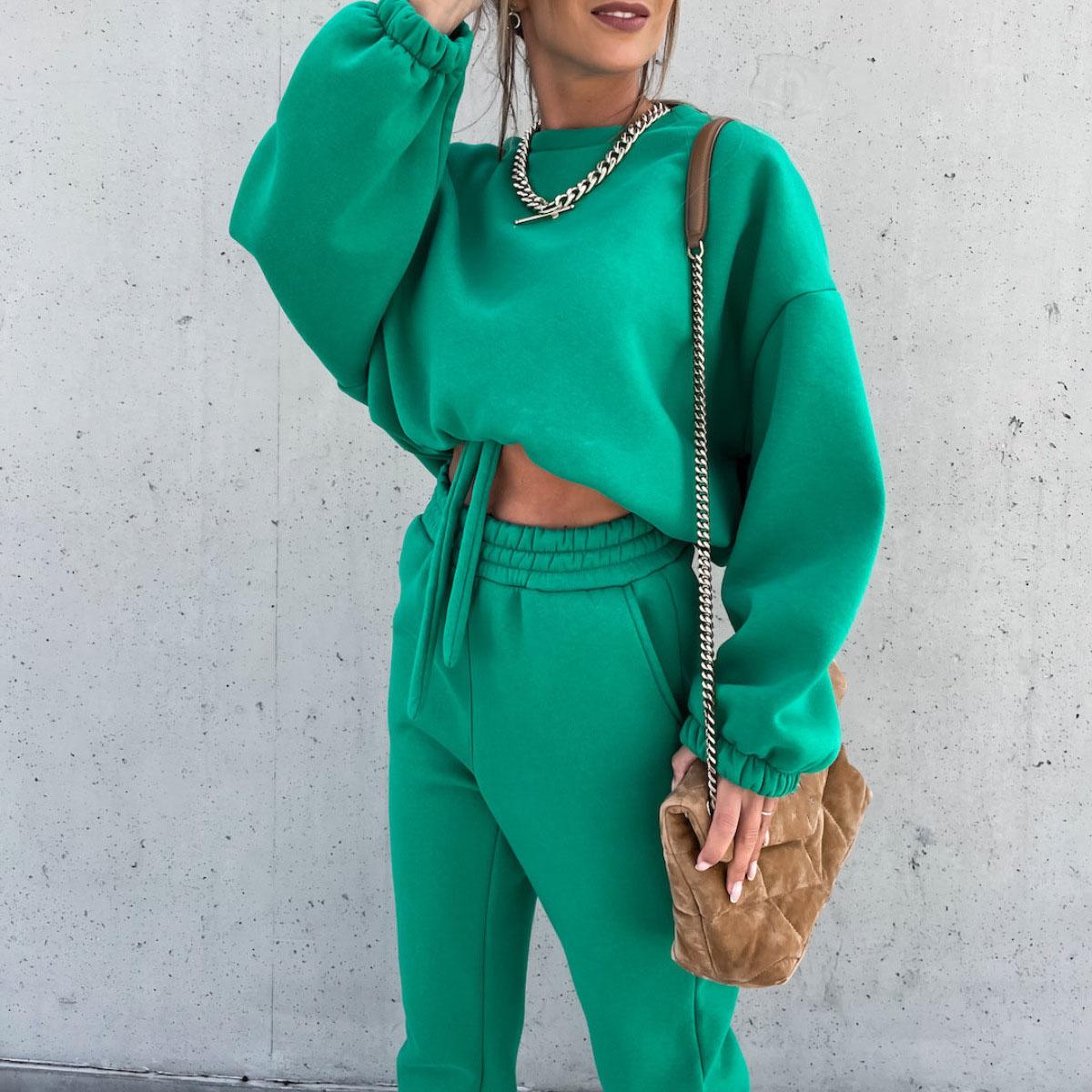 

Женский однотонный костюм с длинным рукавом и круглым вырезом, свободный топ, широкие брюки, осень-зима S зелёный