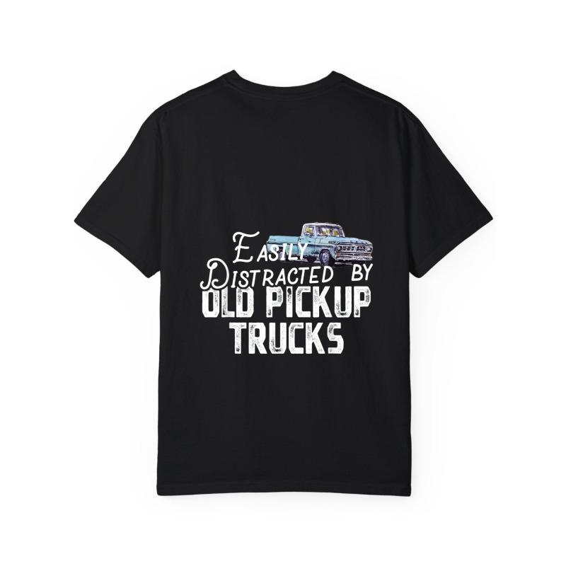 White T Shirt with Old Pickup Truck Graphic and Text Easily Distracted By Old Pickup Trucks for Casual Wear